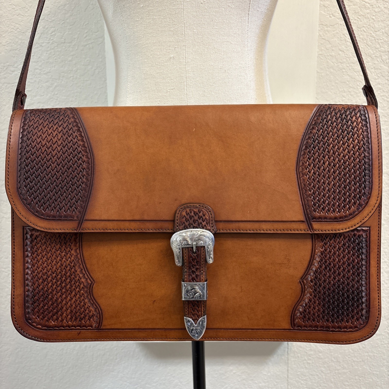 Chet Vogt Sterling Silver Hand Tooled Western Leather Messenger Bag Briefcase